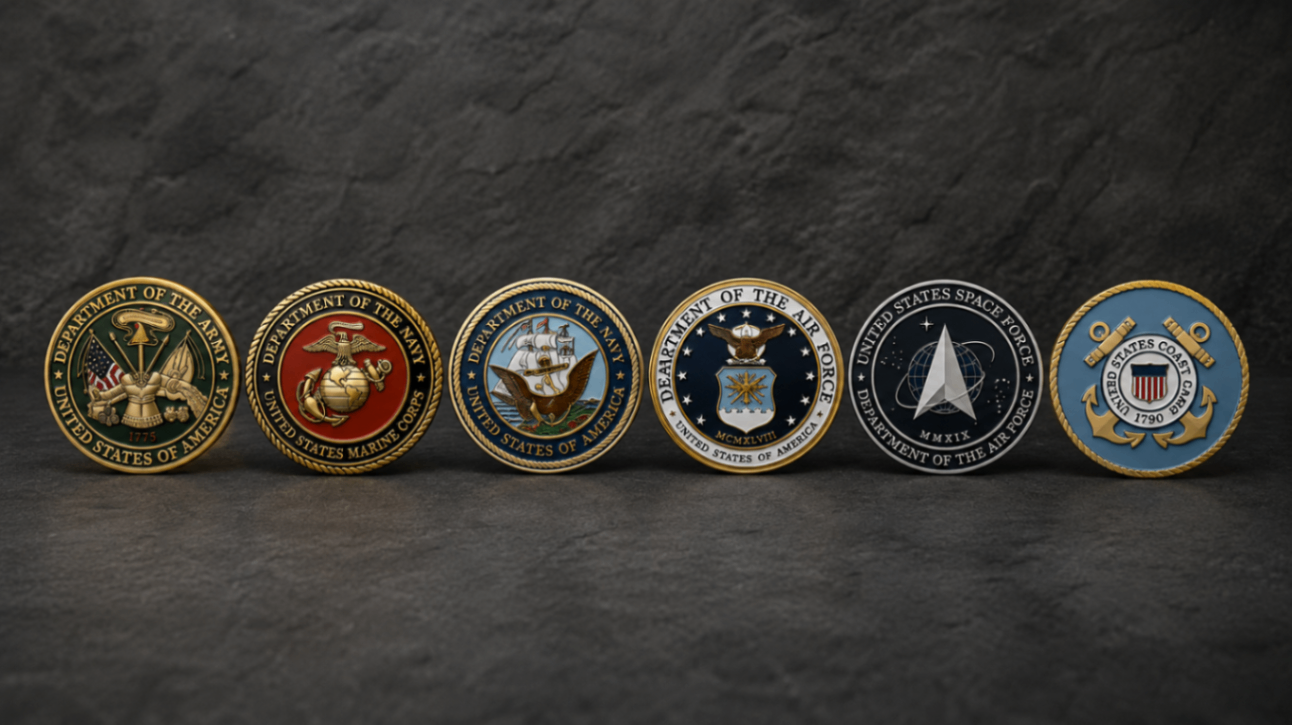 Military branch emblems — Army, Marines, Navy, Air Force, Space Force, Coast Guard
